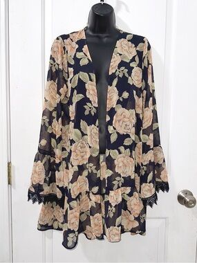 Wrangler sheer navy blue floral duster kimono features ruffled bell sleeves